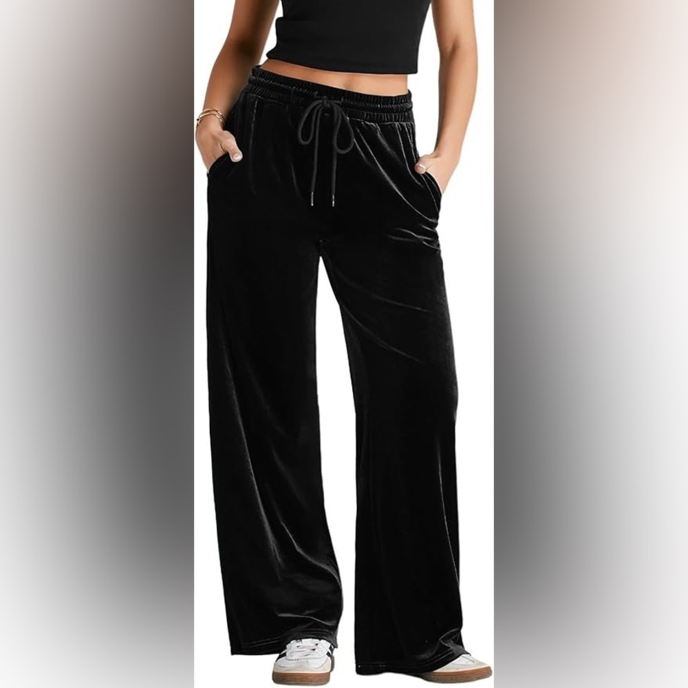 Black velvet drawstring wide leg pants-NWOT